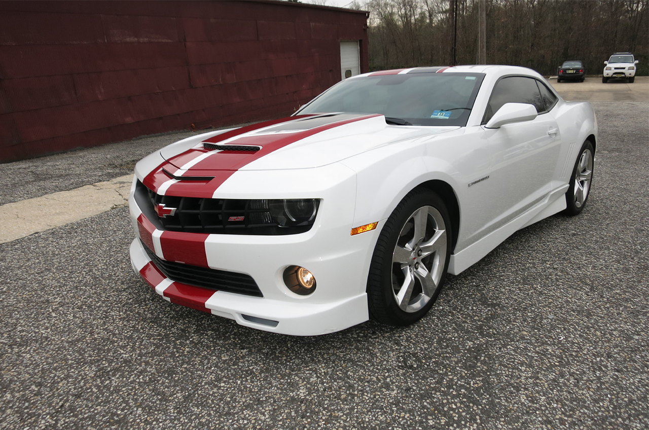 Camaro with red stripes